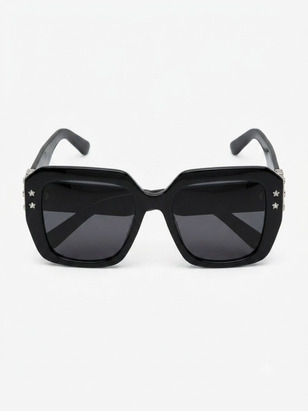 Oversized Black Square Sunglasses with Silver Star