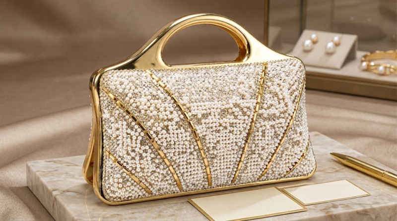 Luxury Pearl Crystal Gold Top-Handle Evening Clutch Bag